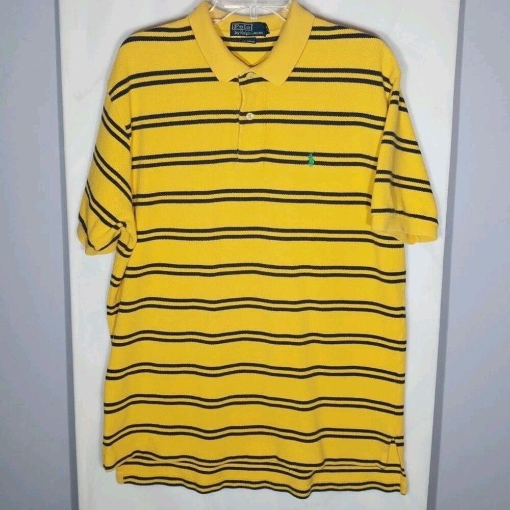 Vintage Polo Ralph Lauren Waffle Knit Polo Shirt XL Yellow Striped Cotton